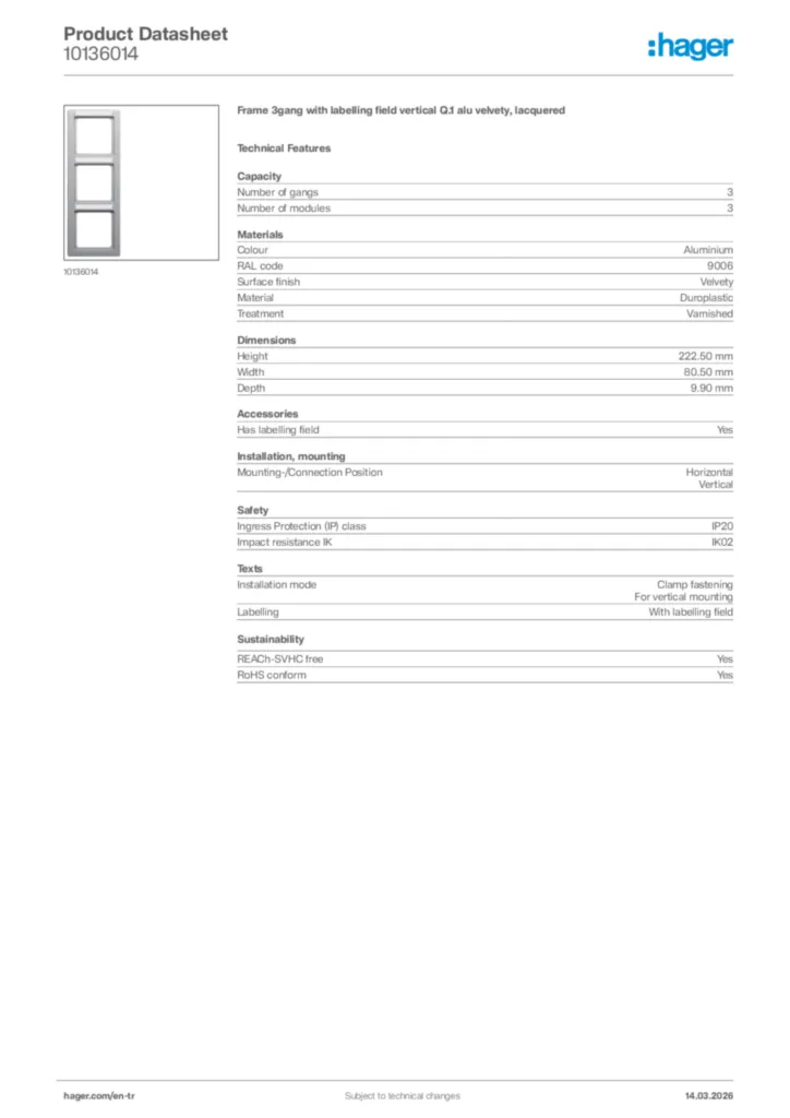 Image Hager Product data sheet 10136014  | Hager