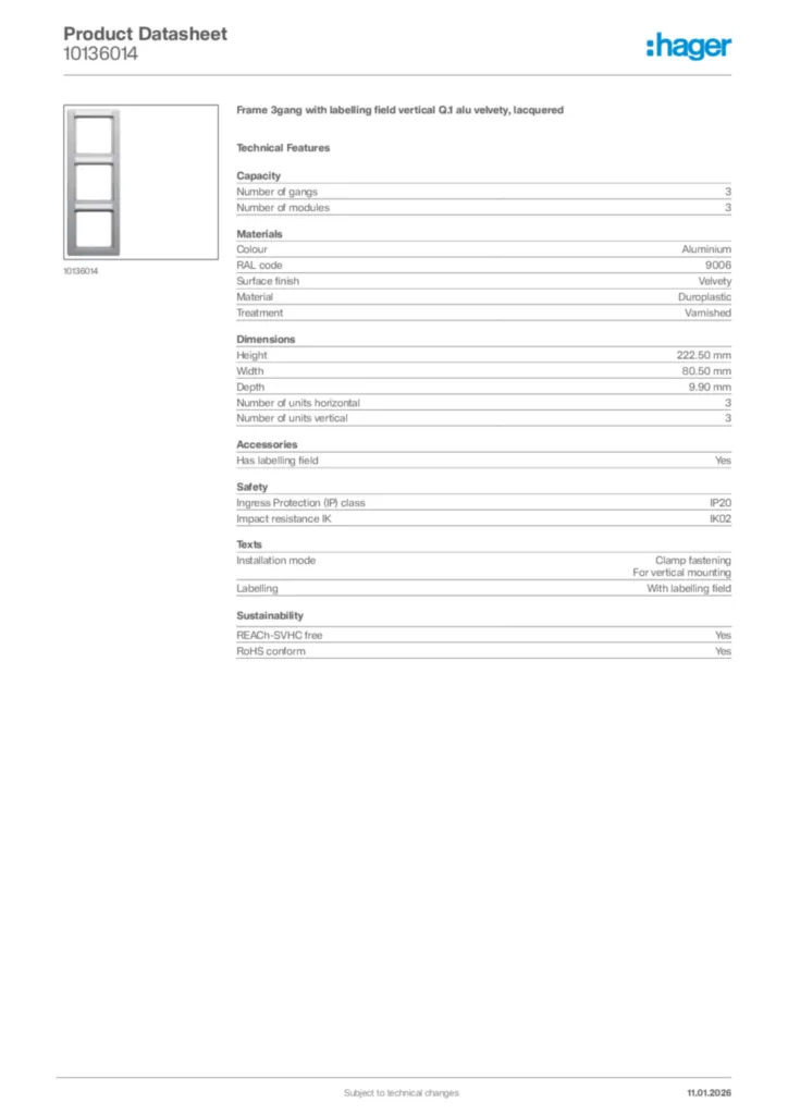 Image Hager Product data sheet 10136014  | Hager