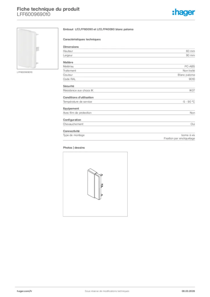 Image Hager Fiche technique du produit LFF600969010 | Hager France