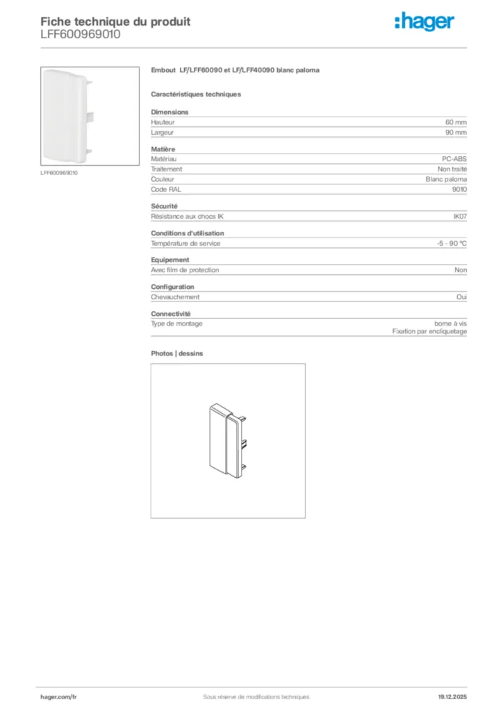 Image Hager Fiche technique du produit LFF600969010 | Hager France