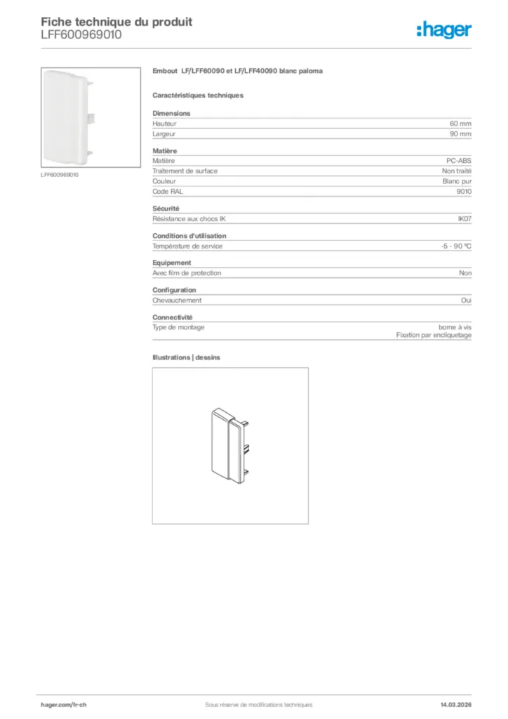 Image Hager Fiche technique du produit LFF600969010 | Hager Suisse