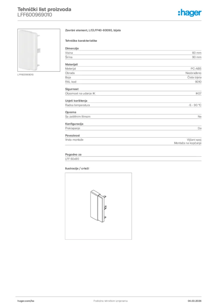 Slika Hager Tehnički list proizvoda LFF600969010  | Hager