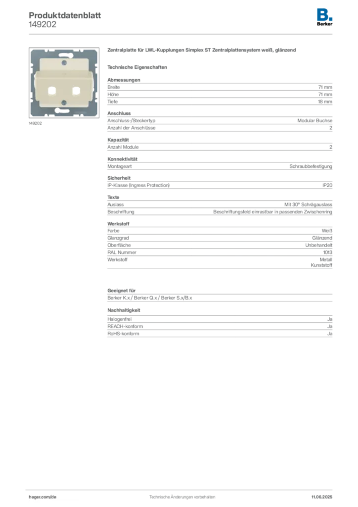 Bild Berker Produktdatenblatt 149202 | Hager Deutschland