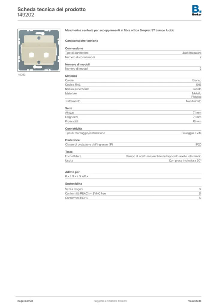 Immagine Berker Scheda tecnica del prodotto 149202 | Hager Italia