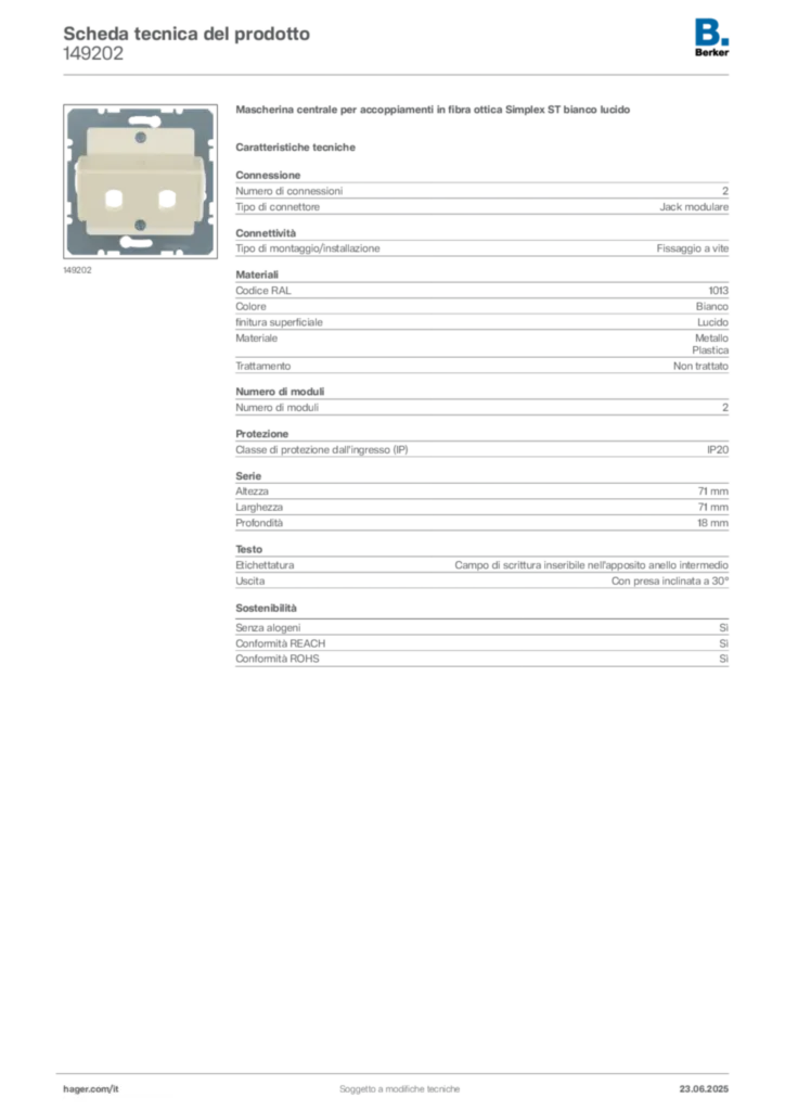 Immagine Berker Scheda tecnica del prodotto 149202 | Hager Italia