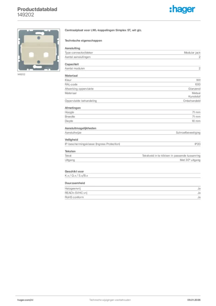 Afbeelding Hager Productdatablad 149202 | Hager Nederland