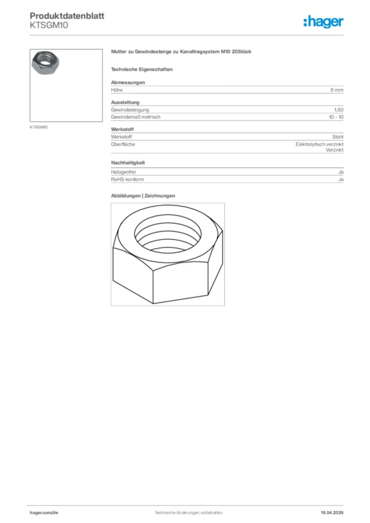 Bild Hager Produktdatenblatt KTSGM10 | Hager Deutschland