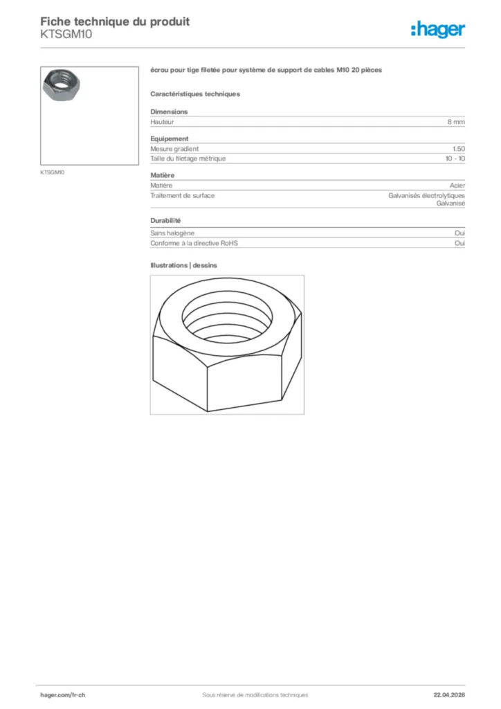 Image Hager Fiche technique du produit KTSGM10 | Hager Suisse
