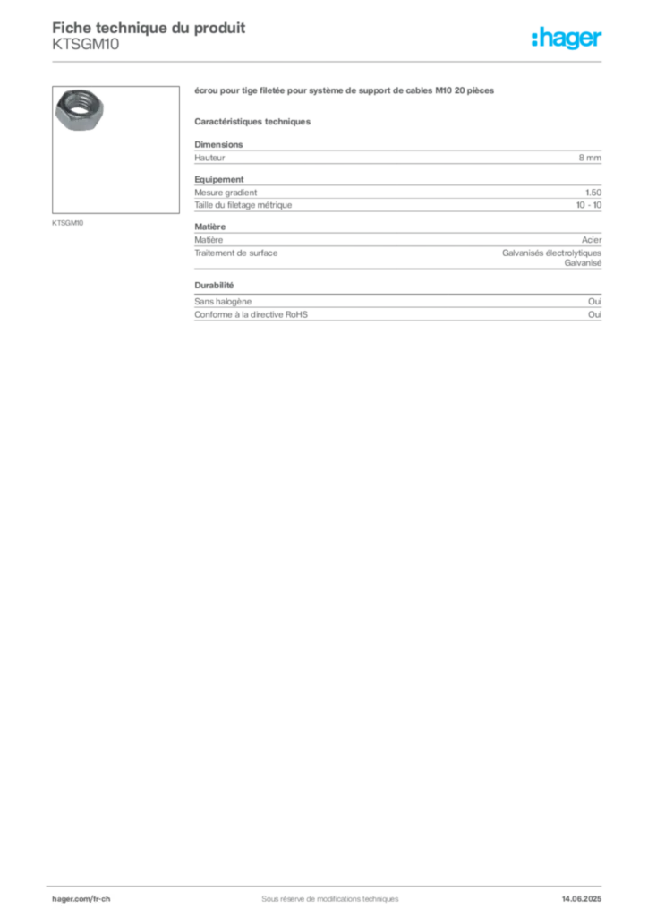 Image Hager Fiche technique du produit KTSGM10 | Hager Suisse