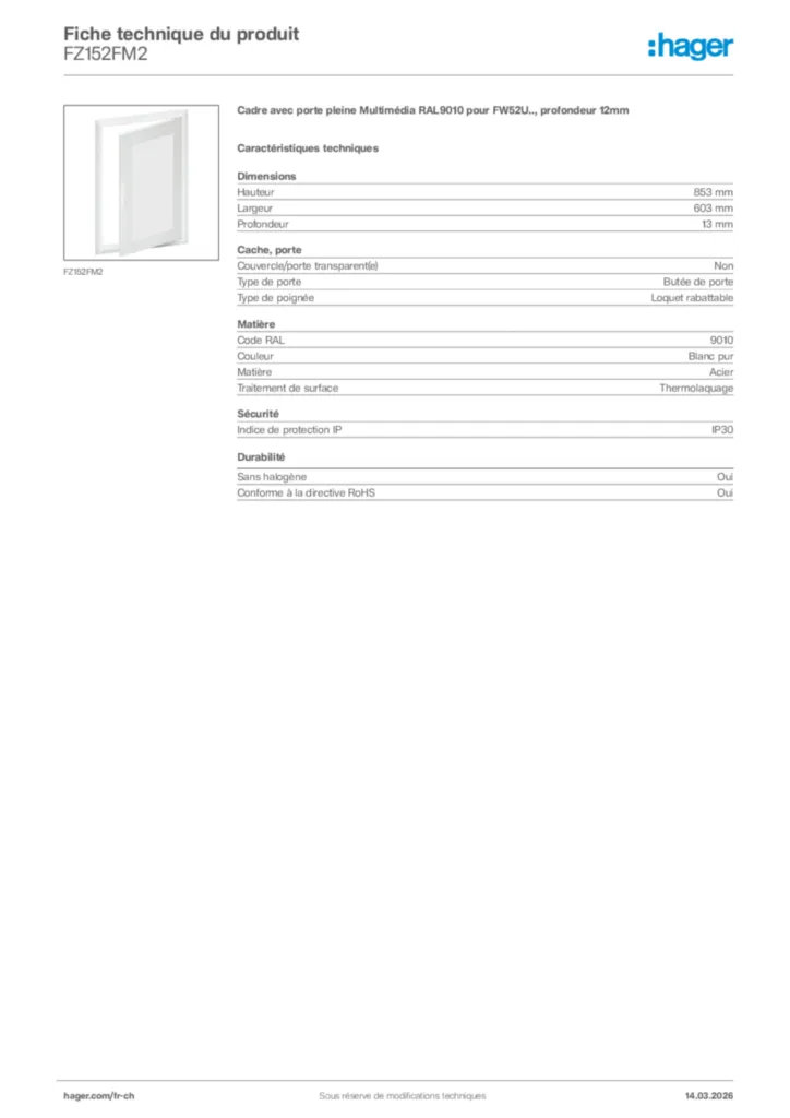 Image Hager Fiche technique du produit FZ152FM2 | Hager Suisse