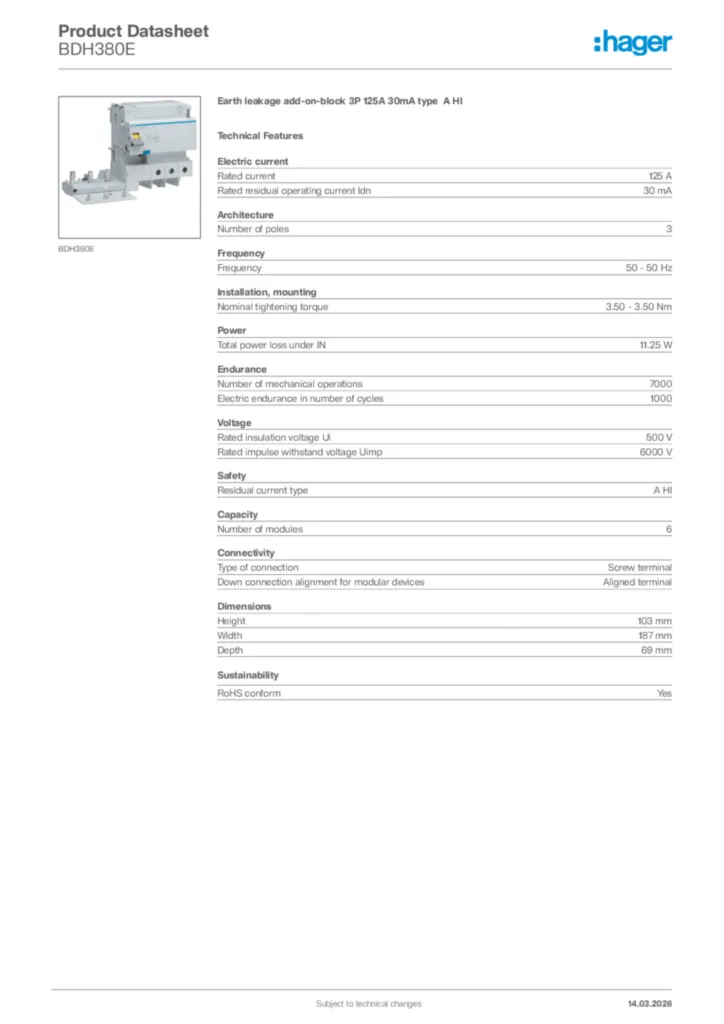 Image Hager Product data sheet BDH380E  | Hager Africa