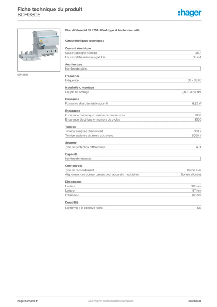 Image Hager Fiche technique du produit BDH380E | Hager Afrique