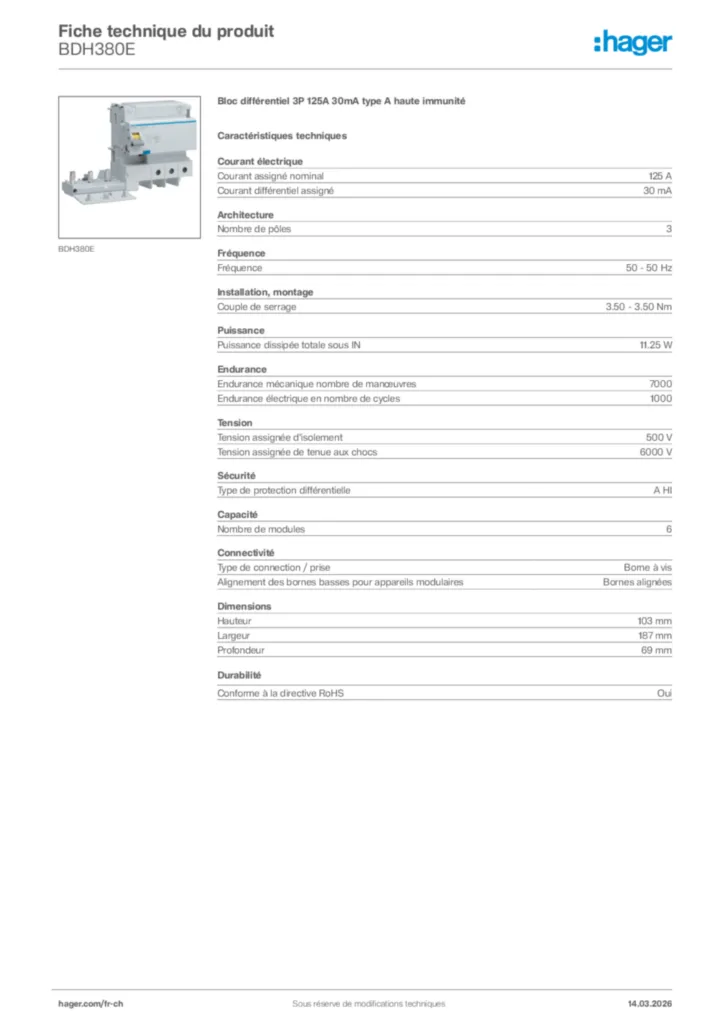 Image Hager Fiche technique du produit BDH380E | Hager Suisse
