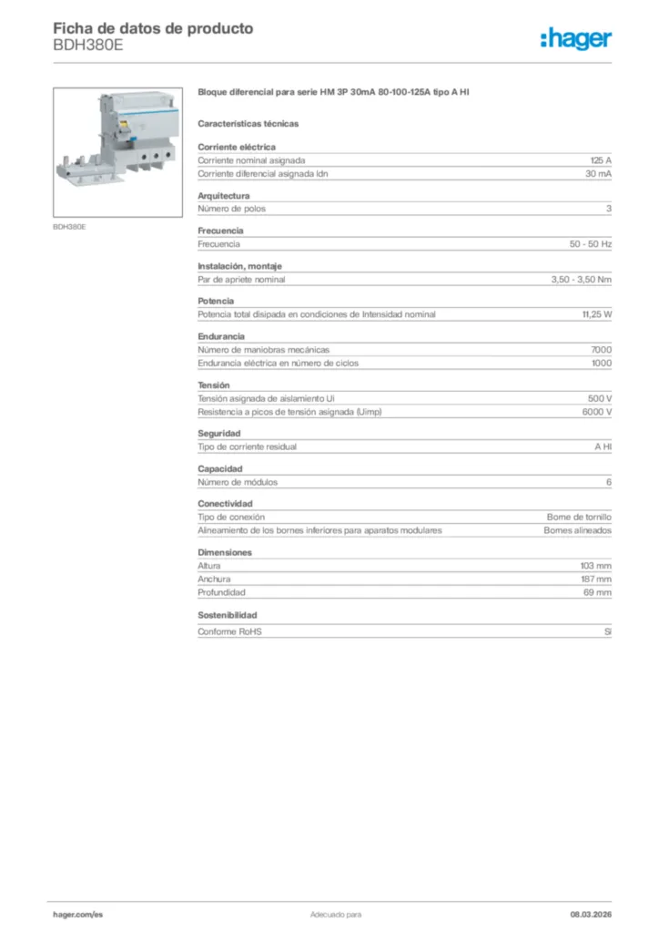 Imagen Hager Ficha de datos de producto BDH380E | Hager España