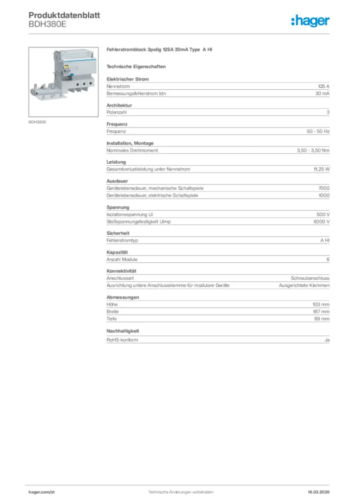 Bild Hager Produktdatenblatt BDH380E | Hager Deutschland