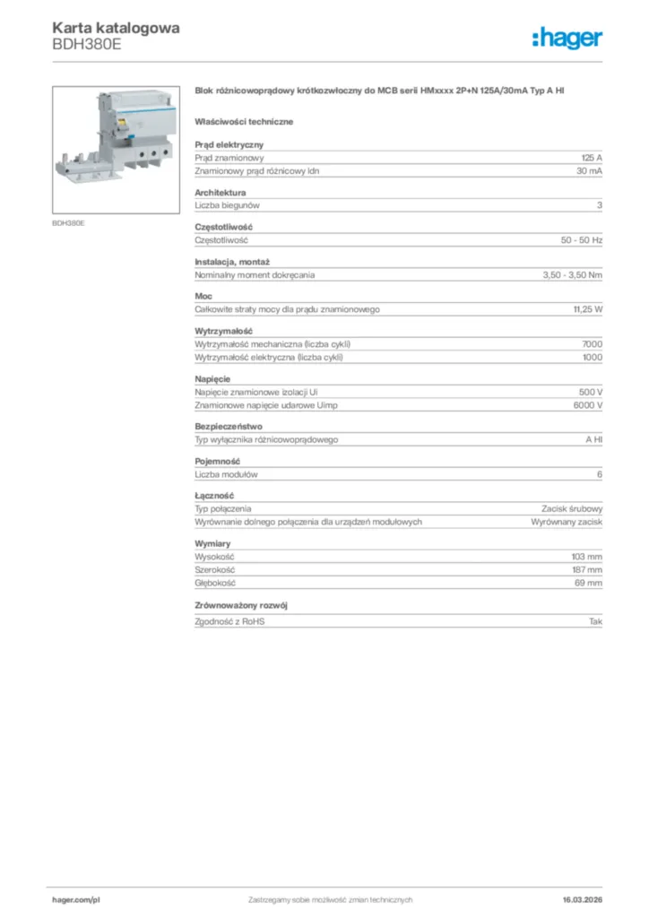 Zdjęcie Hager Karta katalogowa BDH380E | Hager Polska