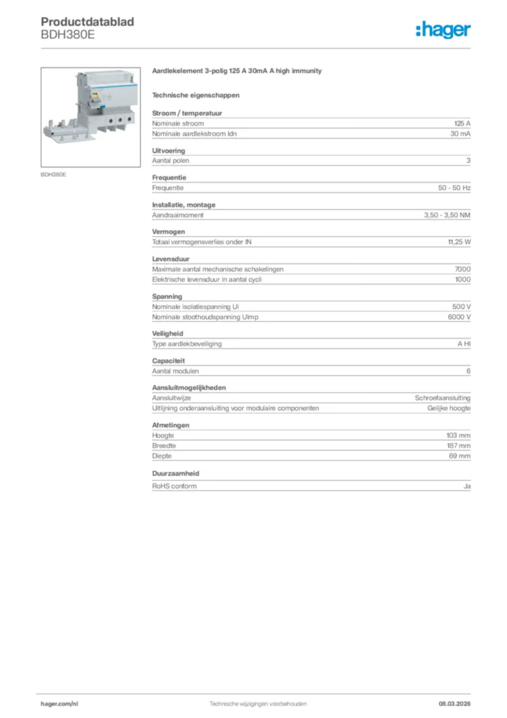 Afbeelding Hager Productdatablad BDH380E | Hager Nederland