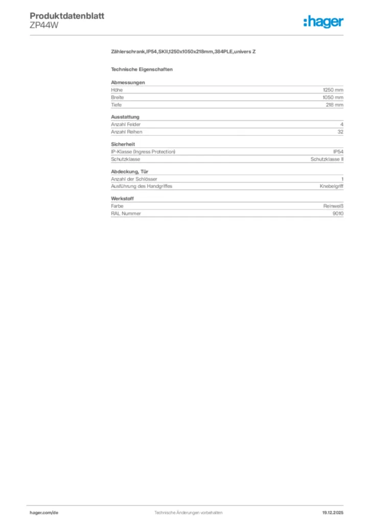 Bild Hager Produktdatenblatt ZP44W | Hager Deutschland