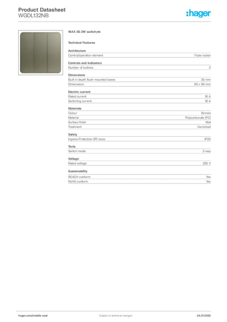 Image Hager Product data sheet WGDL132NB  | Hager