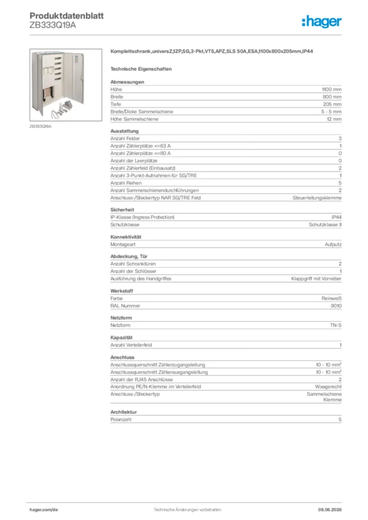 Bild Hager Produktdatenblatt ZB333Q19A | Hager Deutschland