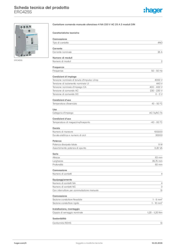 Immagine Hager Scheda tecnica del prodotto ERC425S | Hager Italia