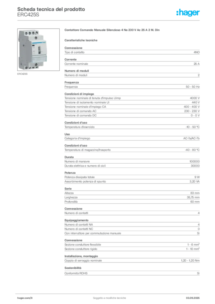 Immagine Hager Scheda tecnica del prodotto ERC425S | Hager Italia