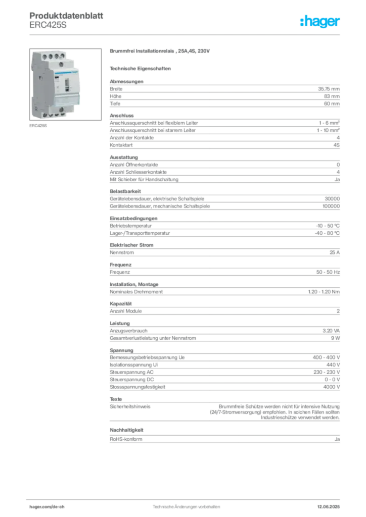 Bild Hager Produktdatenblatt ERC425S | Hager Schweiz