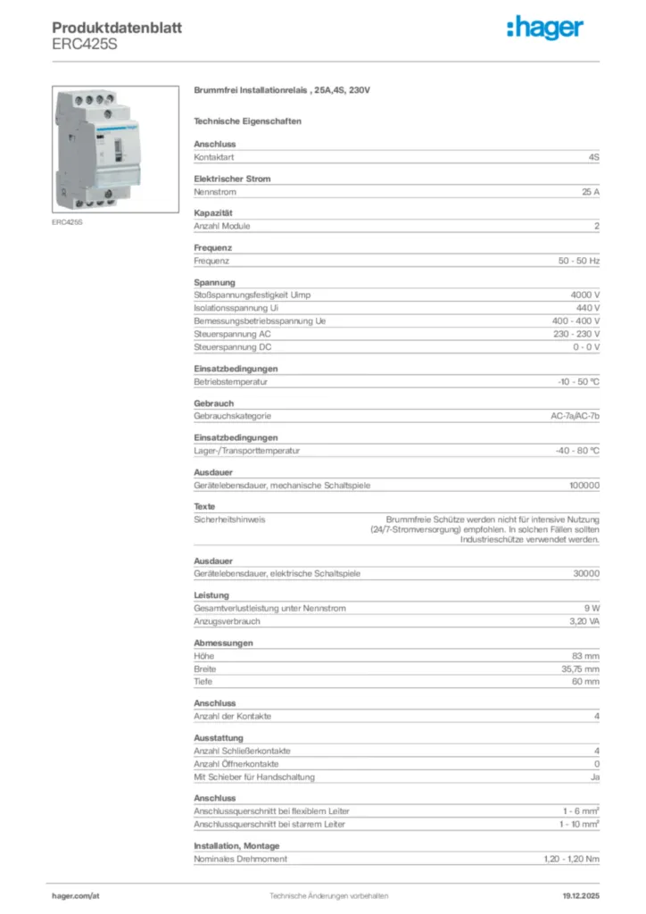 Bild Hager Produktdatenblatt ERC425S | Hager Deutschland