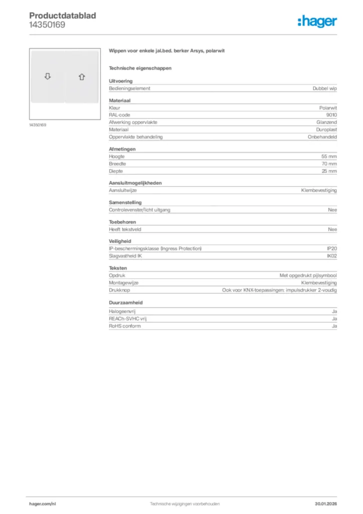 Afbeelding Hager Productdatablad 14350169 | Hager Nederland