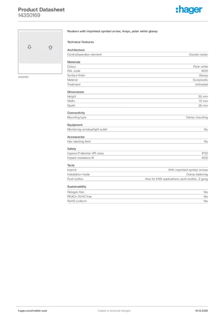 Image Hager Product data sheet 14350169  | Hager