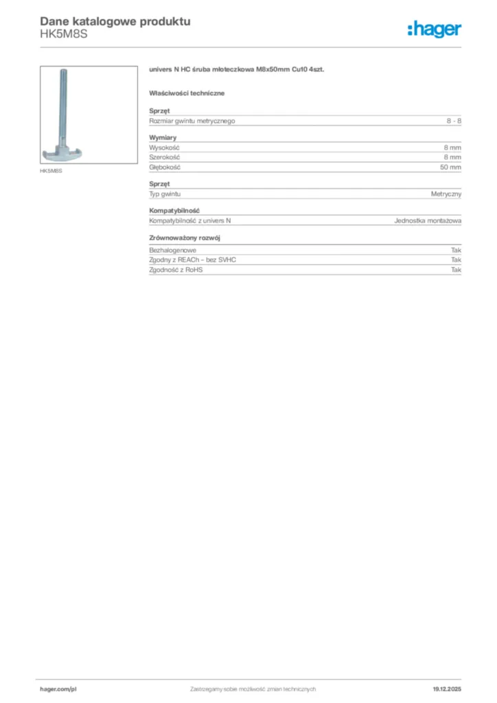 Zdjęcie Hager Karta katalogowa HK5M8S | Hager Polska