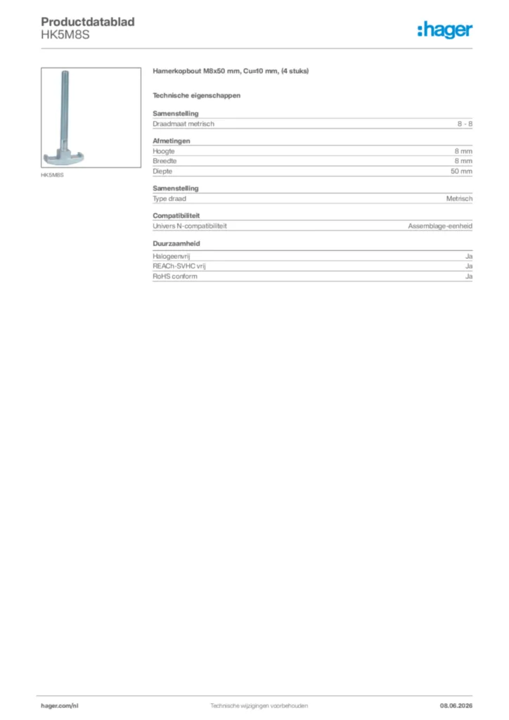 Afbeelding Hager Productdatablad HK5M8S | Hager Nederland