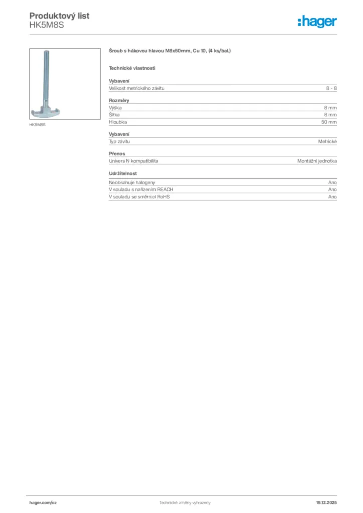 Obrázek Hager Produktový list HK5M8S | Hager