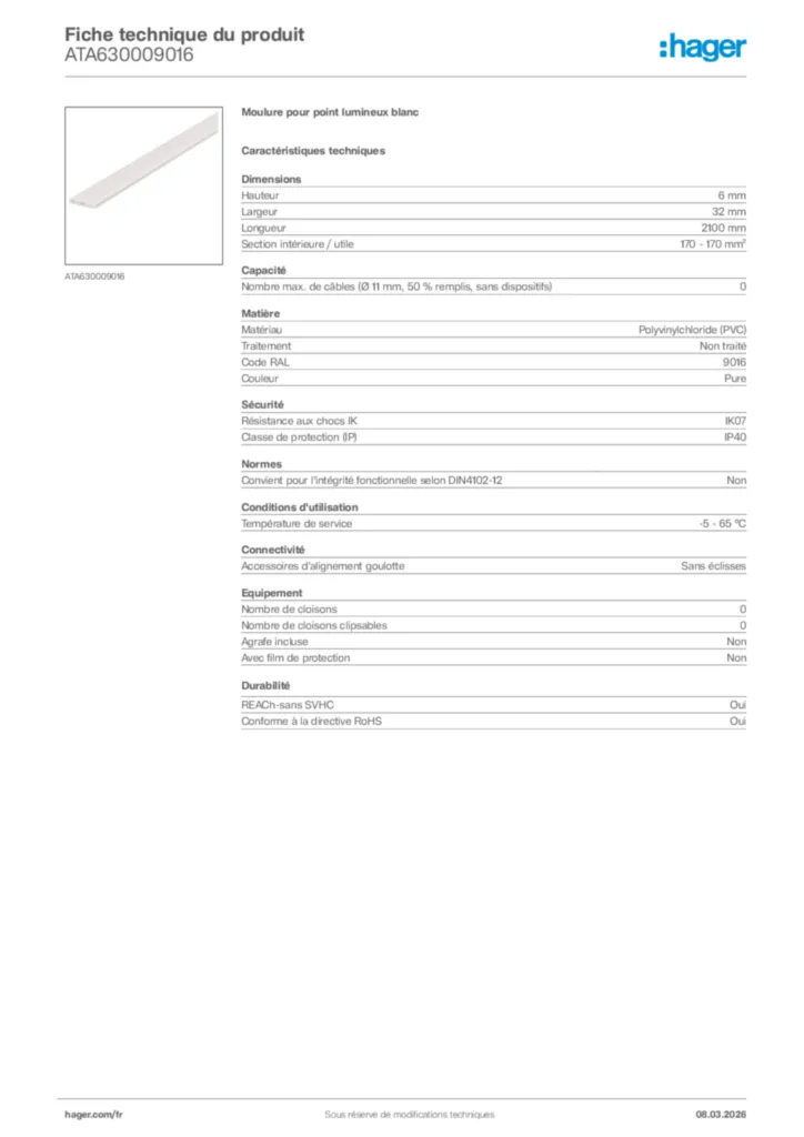 Image Hager Fiche technique du produit ATA630009016 | Hager France