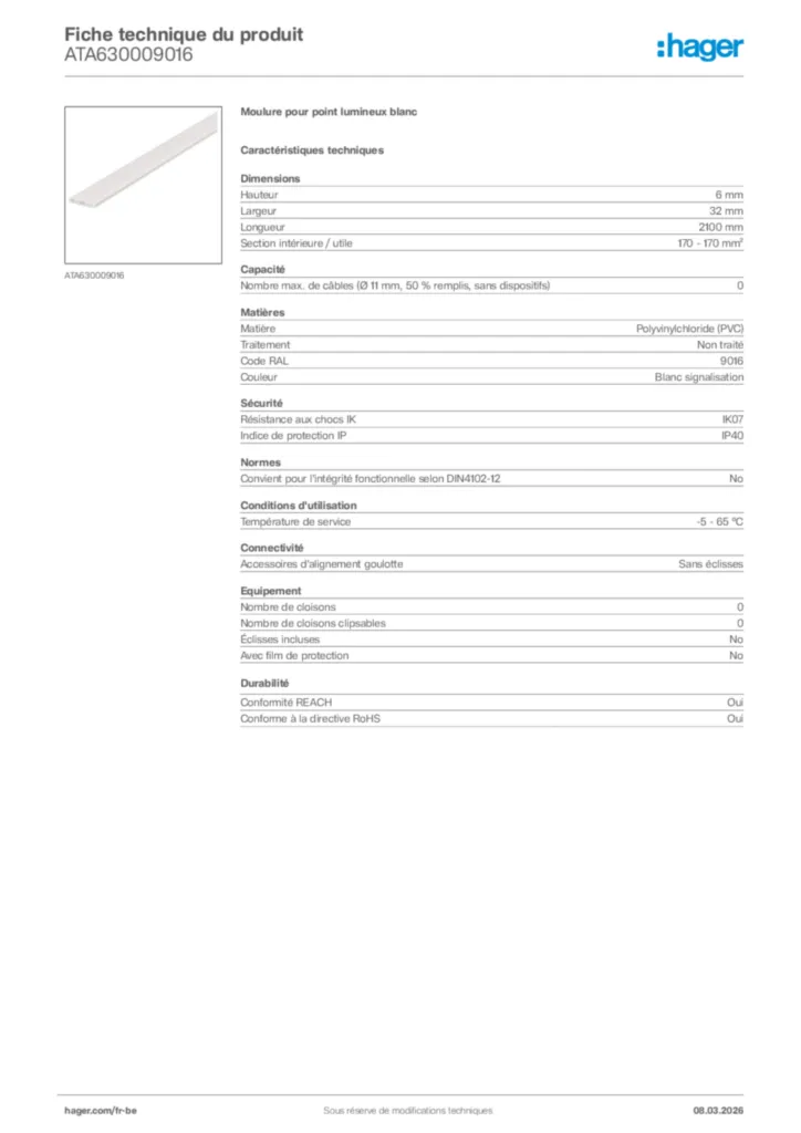 Image Hager Fiche technique du produit ATA630009016 | Hager Belgique