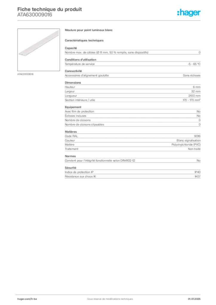 Image Hager Fiche technique du produit ATA630009016 | Hager Belgique