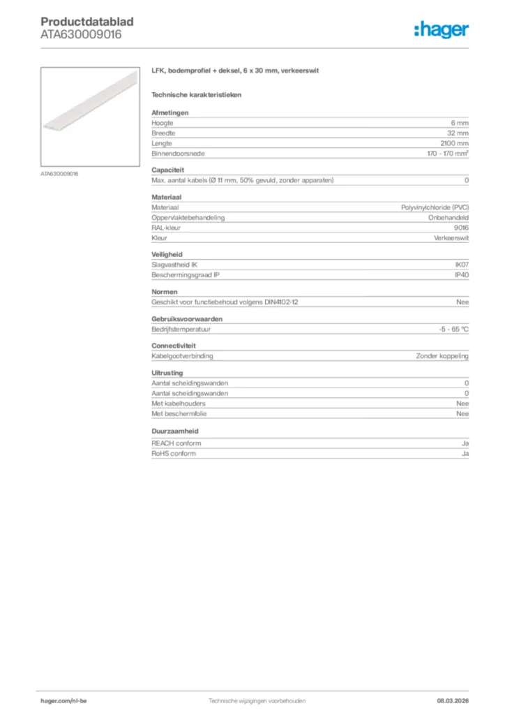 Afbeelding Hager Productdatablad ATA630009016 | Hager Belgium