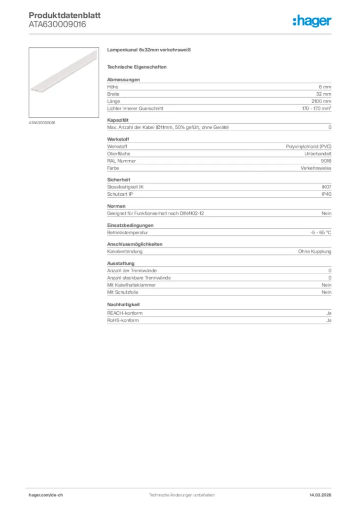 Bild Hager Produktdatenblatt ATA630009016 | Hager Schweiz