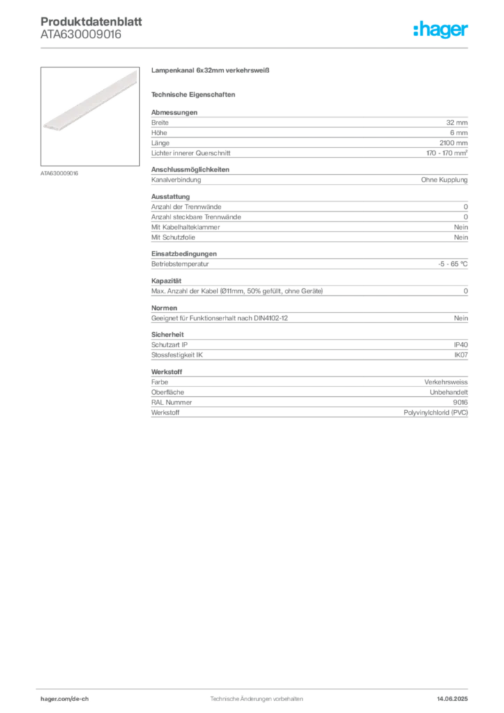 Bild Hager Produktdatenblatt ATA630009016 | Hager Schweiz