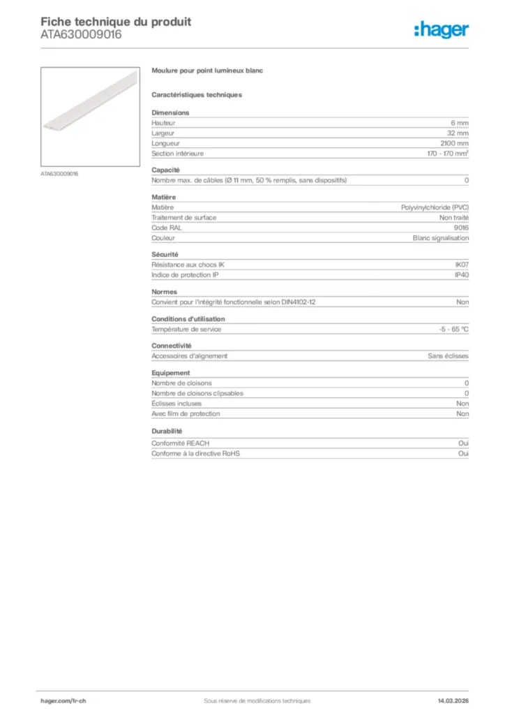 Image Hager Fiche technique du produit ATA630009016 | Hager Suisse