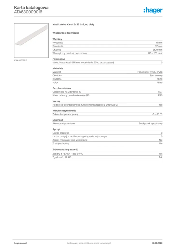 Zdjęcie Hager Karta katalogowa ATA630009016 | Hager Polska