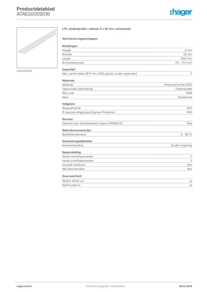 Afbeelding Hager Productdatablad ATA630009016 | Hager Nederland