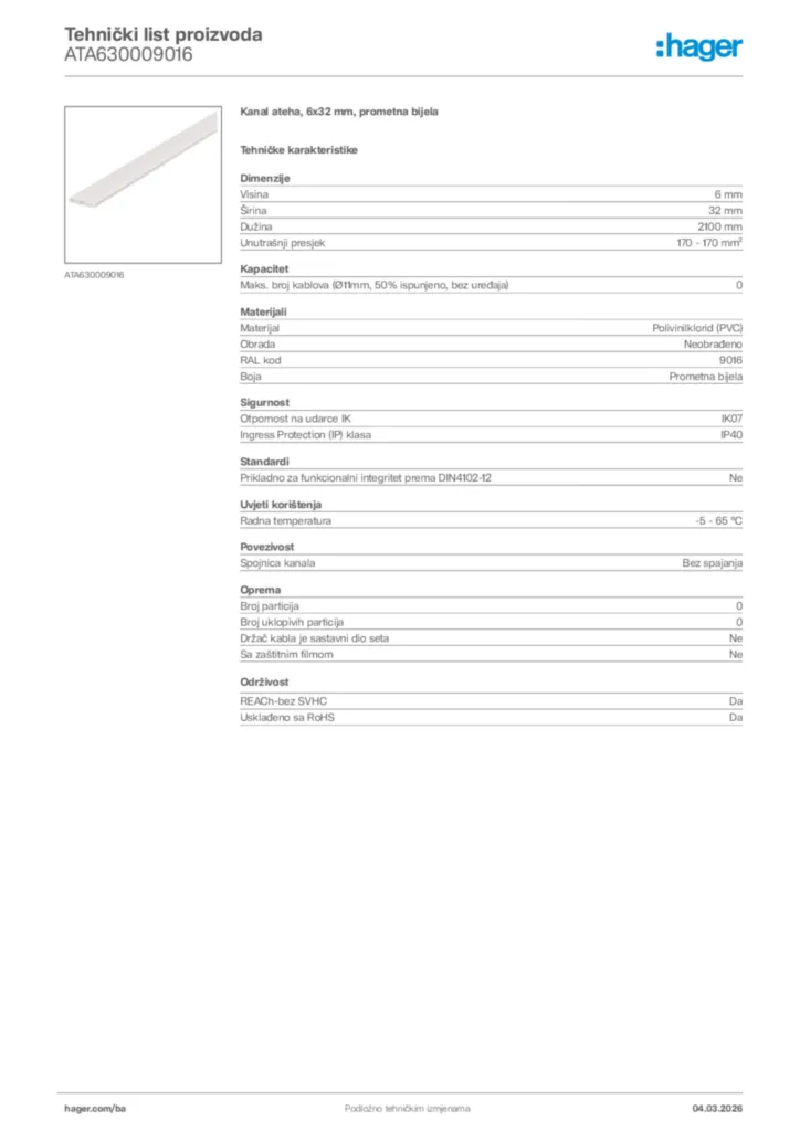 Slika Hager Tehnički list proizvoda ATA630009016  | Hager