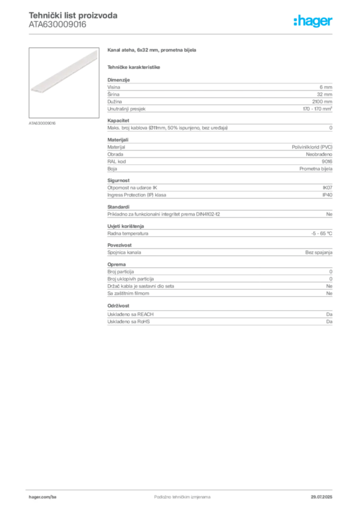 Slika Hager Product data sheet ATA630009016  | Hager