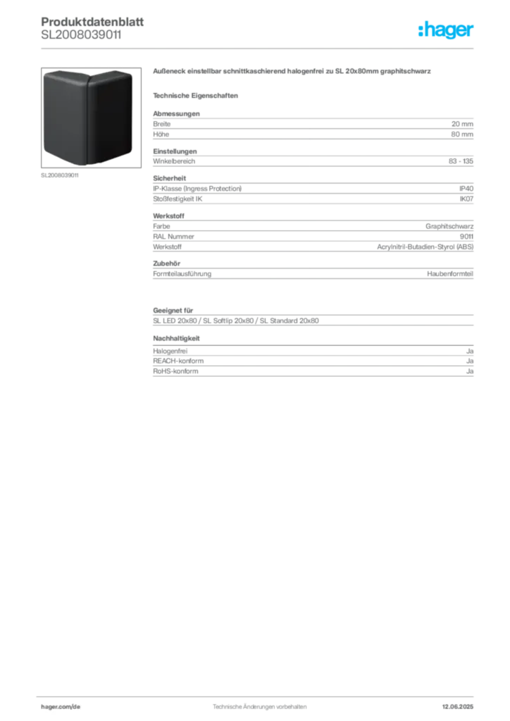 Bild Hager Produktdatenblatt SL2008039011 | Hager Deutschland