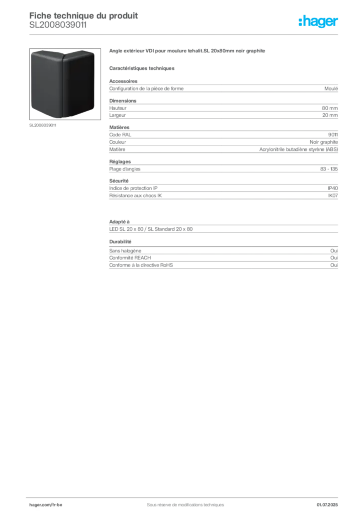 Image Hager Fiche technique du produit SL2008039011 | Hager Belgique