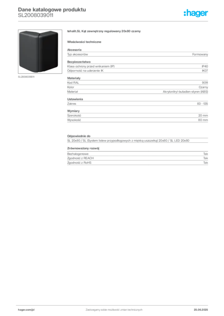 Zdjęcie Hager Karta katalogowa SL2008039011 | Hager Polska