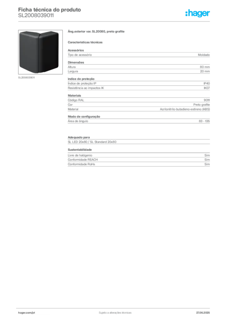 Imagem Hager Ficha técnica do produto SL2008039011 | Hager Portugal