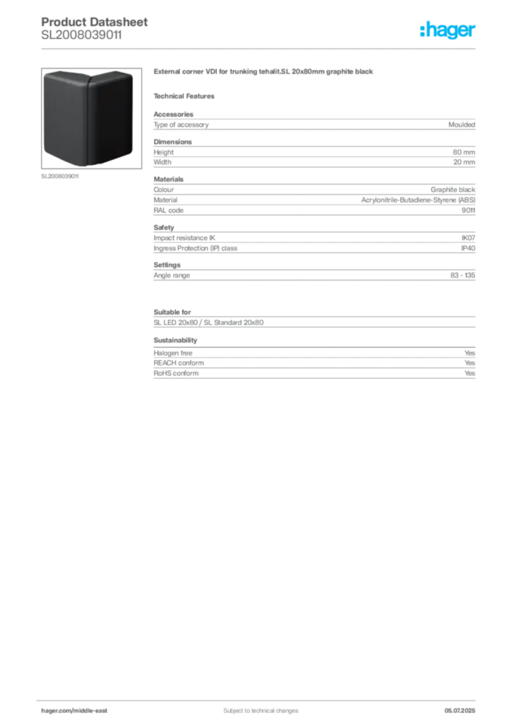 Image Hager Product data sheet SL2008039011  | Hager