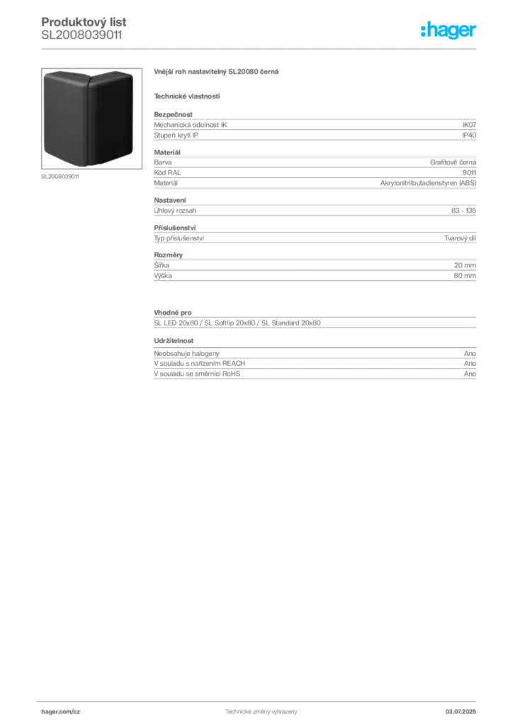 Obrázek Hager Produktový list SL2008039011 | Hager